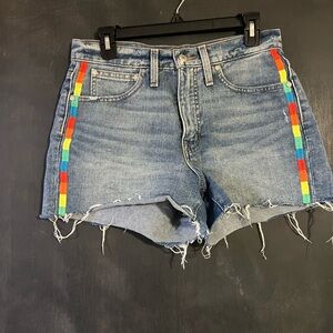 Vibrant Rainbow Stripe Denim Shorts